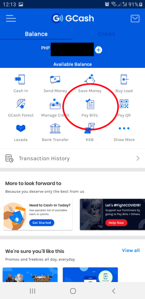 gcash home screen pay bills